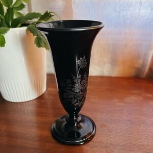 Vintage L.E. Smith Black Amethyst Glass Bud Vase | Silver Accent